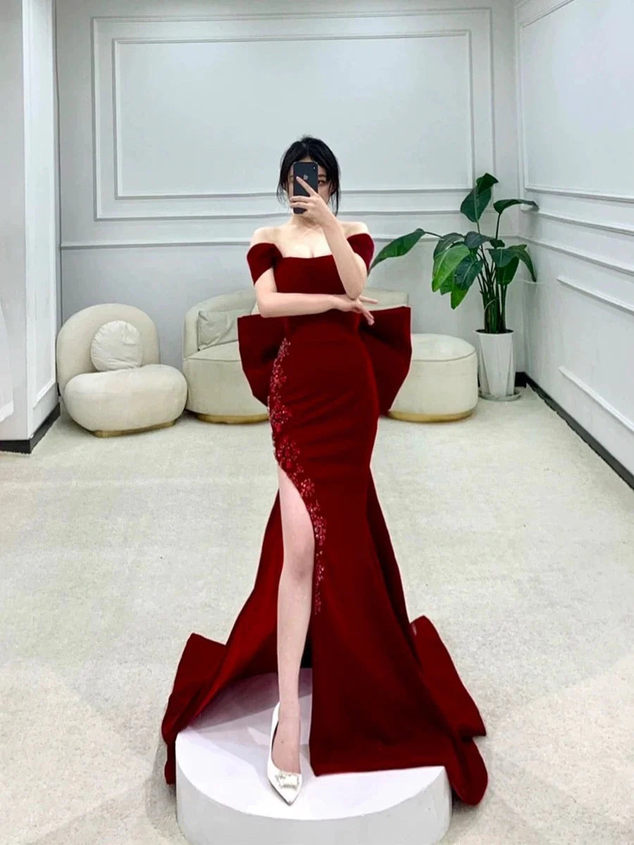 Classy Mermaid Off The Shoulder Satin Burgundy Short Sleeves Evening Dress Long Prom Dresses  simple gentle atmospheric and unique desi Bring summer colors to enhance whiteness