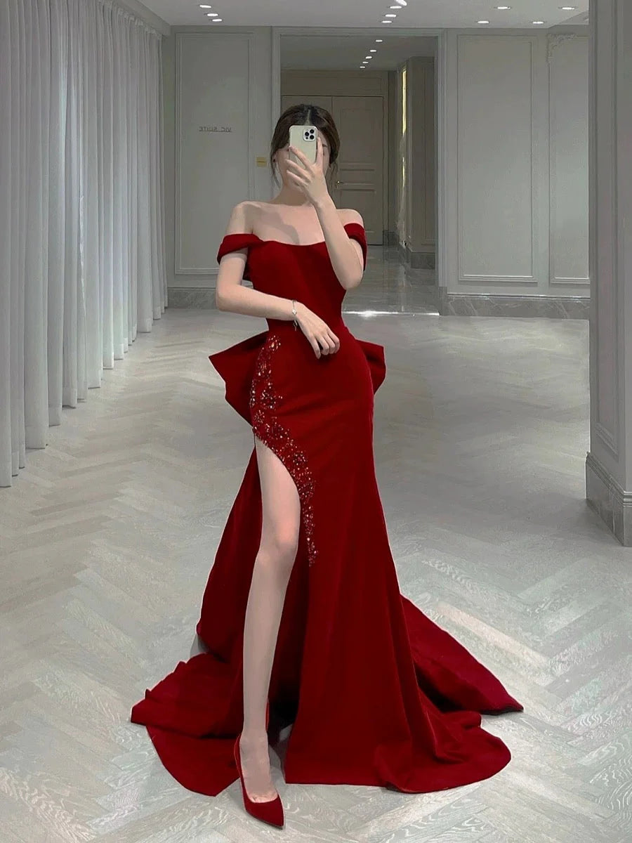 Classy Mermaid Off The Shoulder Satin Burgundy Short Sleeves Evening Dress Long Prom Dresses  simple gentle atmospheric and unique desi Bring summer colors to enhance whiteness