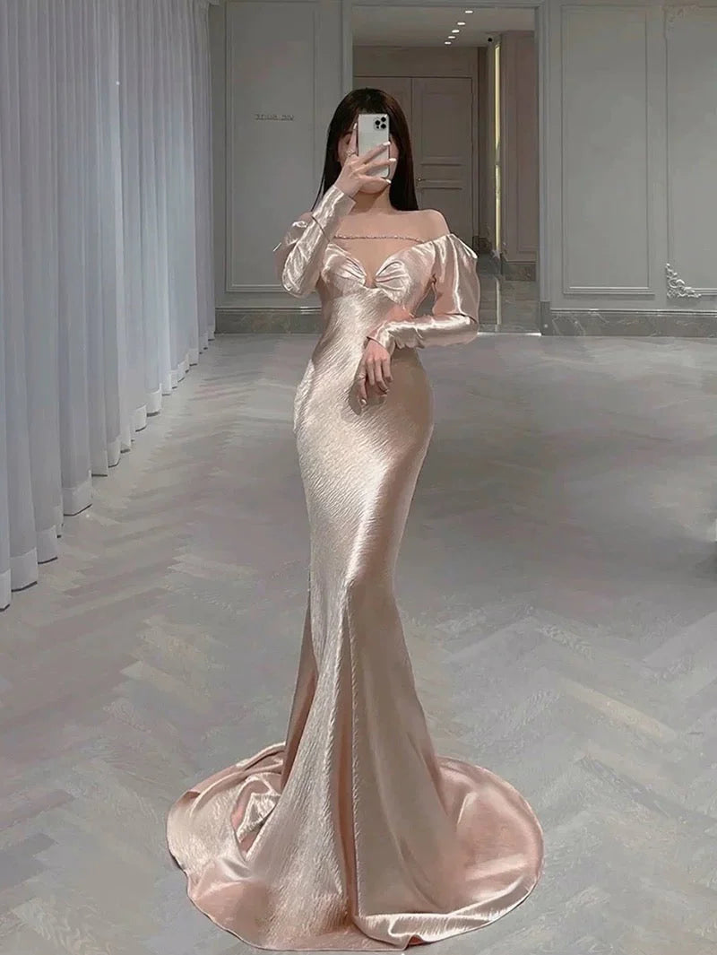 Classy Mermaid Off The Shoulder Satin Pink Long Sleeves Evening Dress Long Pink Prom Dresses simple gentle atmospheric and unique desi Bring summer colors to enhance whiteness