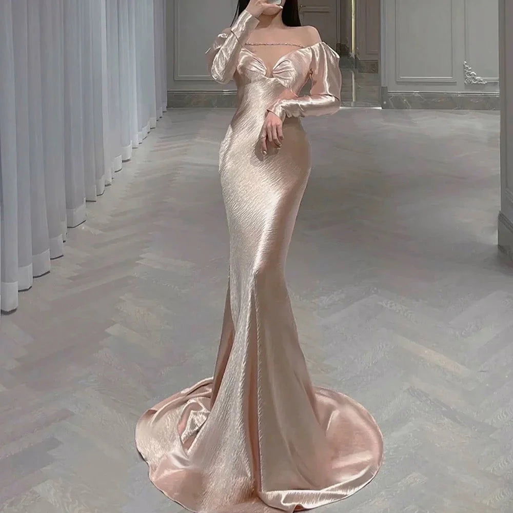 Classy Mermaid Off The Shoulder Satin Pink Long Sleeves Evening Dress Long Pink Prom Dresses simple gentle atmospheric and unique desi Bring summer colors to enhance whiteness