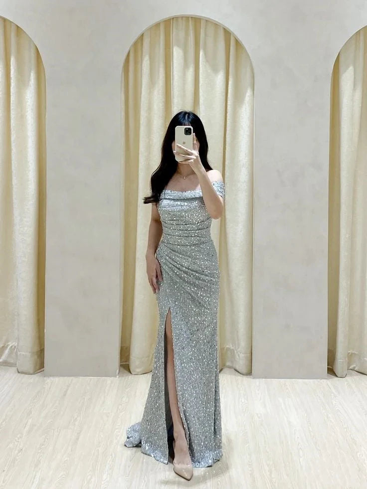 Classy Mermaid Off The Shoulder Silver Sequin Slit Long Prom Gown Summer Wedding Guest Dress Bridal Guest Dresses Wedding Outfits For Guest simple gentle atmospheric and unique desi Bring summer colors to enhance whiteness