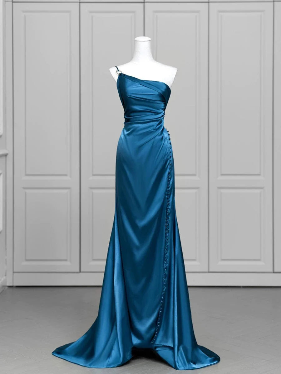 Classy Mermaid One Shoulder Blue Satin Evening Dress Long Prom Dresses simple gentle atmospheric and unique desi Bring summer colors to enhance whiteness