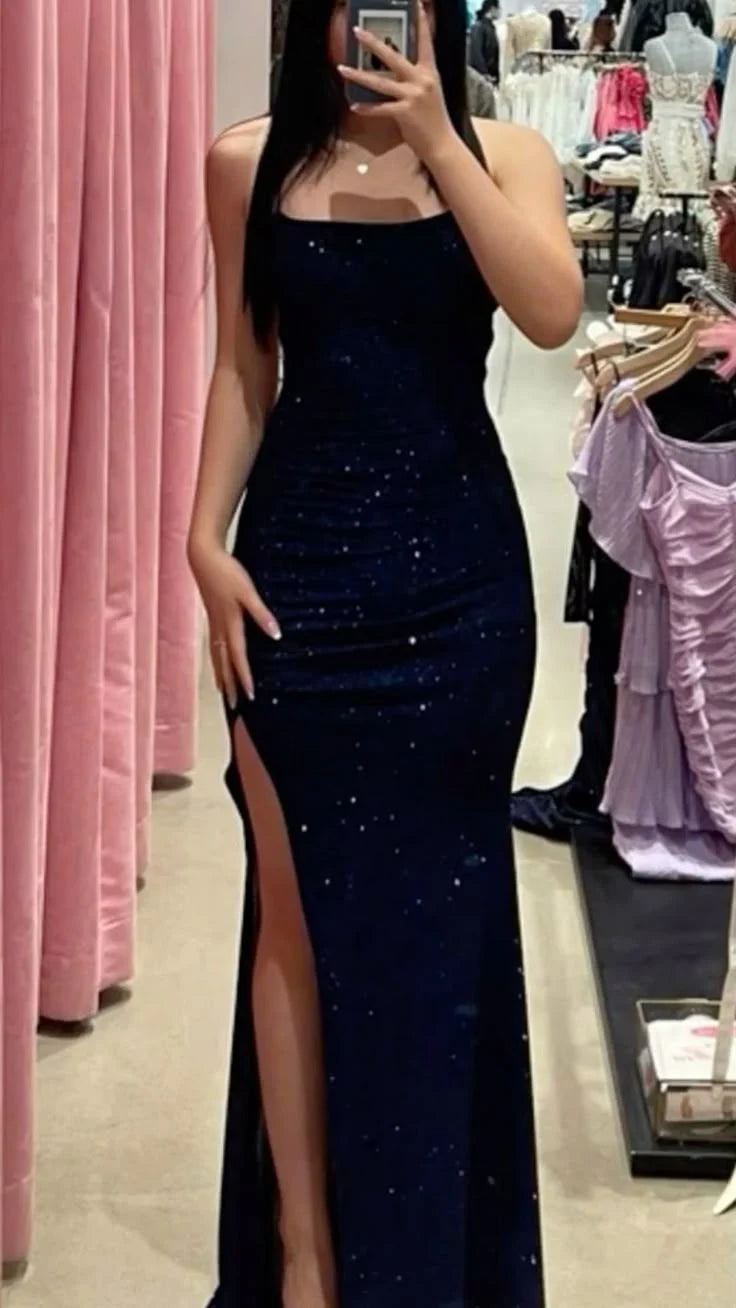 Classy Mermaid Spaghetti Straps Navy Blue Slit Long Prom Dresses Formal Gown Summer Wedding Guest Dress Wedding Outfits For Guest simple gentle atmospheric and unique desi Bring summer colors to enhance whiteness