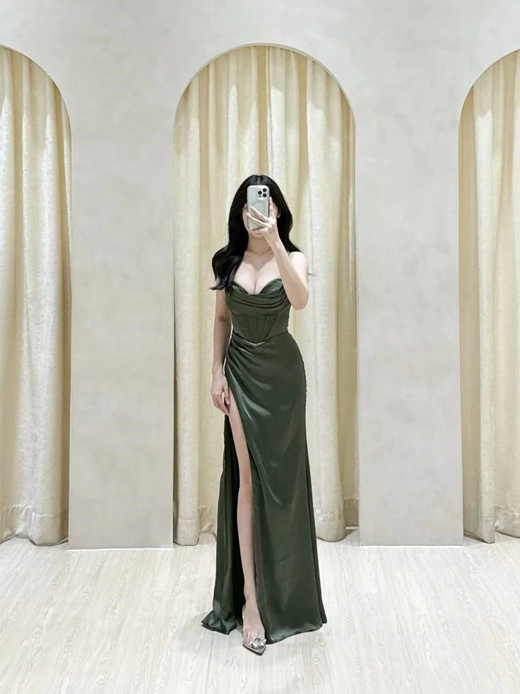 Classy Mermaid Spaghetti Straps Olive Green Slit Ruffles Long Prom Gown Summer Wedding Guest Dress Bridal Guest Dresses Wedding Outfits For Guest  simple gentle atmospheric and unique desi Bring summer colors to enhance whiteness