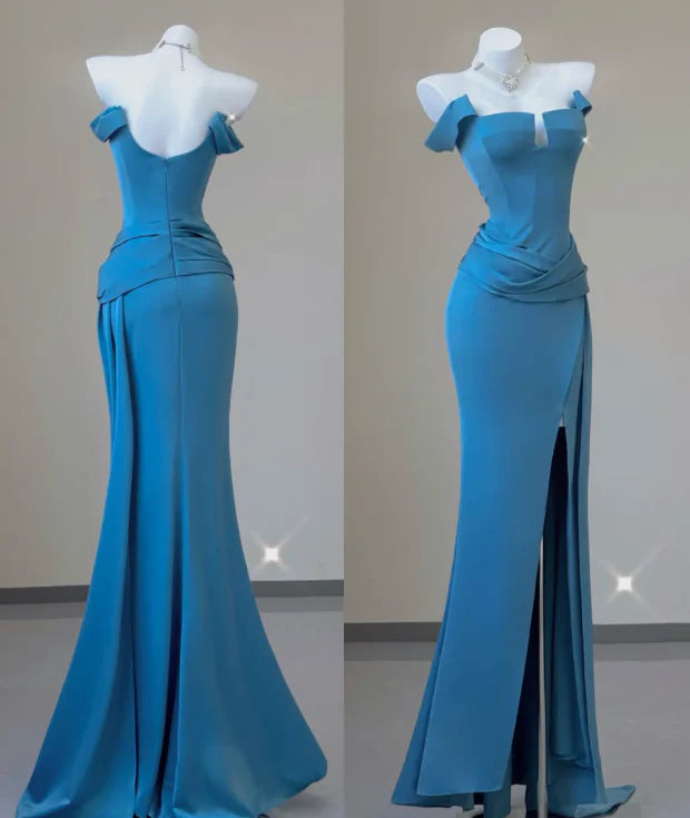 Classy Mermaid Strapless Blue Satin Evening Dress Long Prom Dresses simple gentle atmospheric and unique desi Bring summer colors to enhance whiteness ﻿