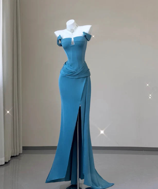 Classy Mermaid Strapless Blue Satin Evening Dress Long Prom Dresses simple gentle atmospheric and unique desi Bring summer colors to enhance whiteness ﻿