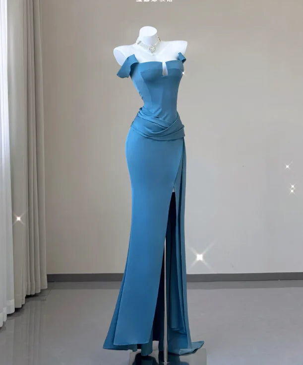 Classy Mermaid Strapless Blue Satin Evening Dress Long Prom Dresses simple gentle atmospheric and unique desi Bring summer colors to enhance whiteness ﻿
