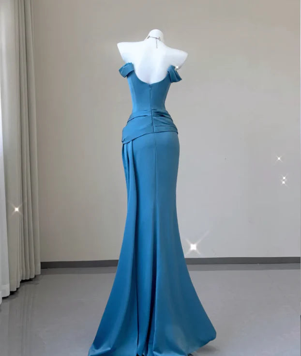 Classy Mermaid Strapless Blue Satin Evening Dress Long Prom Dresses simple gentle atmospheric and unique desi Bring summer colors to enhance whiteness ﻿