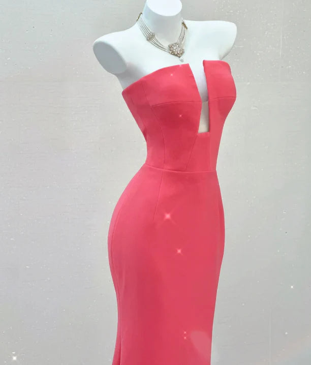 Classy Mermaid Strapless Pink Satin Evening Dress Long Prom Dresses simple gentle atmospheric and unique desi Bring summer colors to enhance whiteness