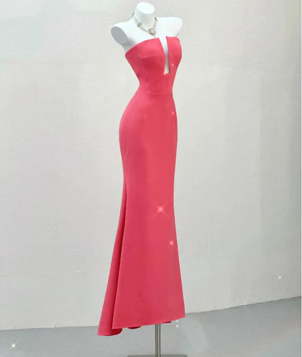 Classy Mermaid Strapless Pink Satin Evening Dress Long Prom Dresses simple gentle atmospheric and unique desi Bring summer colors to enhance whiteness