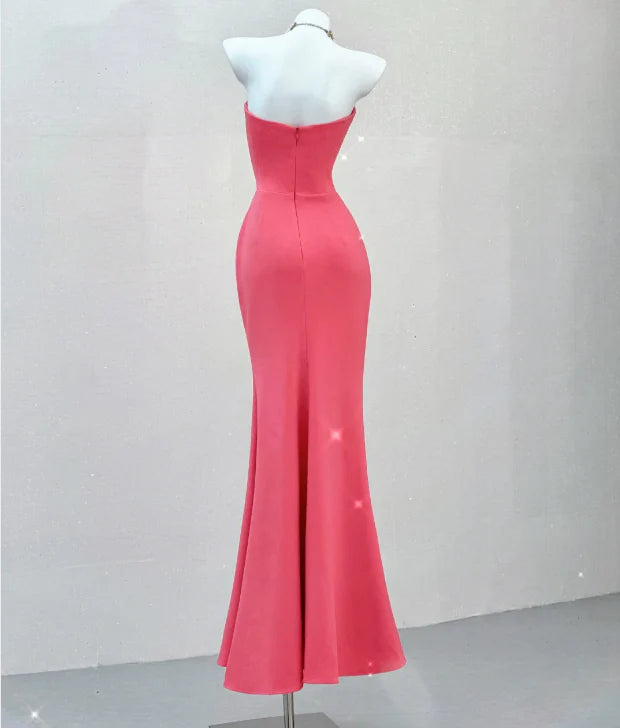 Classy Mermaid Strapless Pink Satin Evening Dress Long Prom Dresses simple gentle atmospheric and unique desi Bring summer colors to enhance whiteness