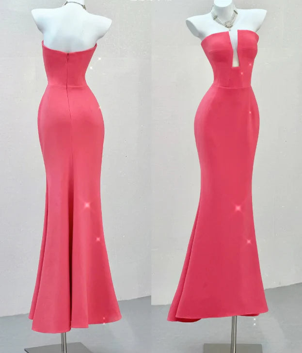 Classy Mermaid Strapless Pink Satin Evening Dress Long Prom Dresses simple gentle atmospheric and unique desi Bring summer colors to enhance whiteness