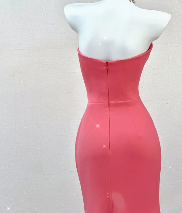 Classy Mermaid Strapless Pink Satin Evening Dress Long Prom Dresses simple gentle atmospheric and unique desi Bring summer colors to enhance whiteness