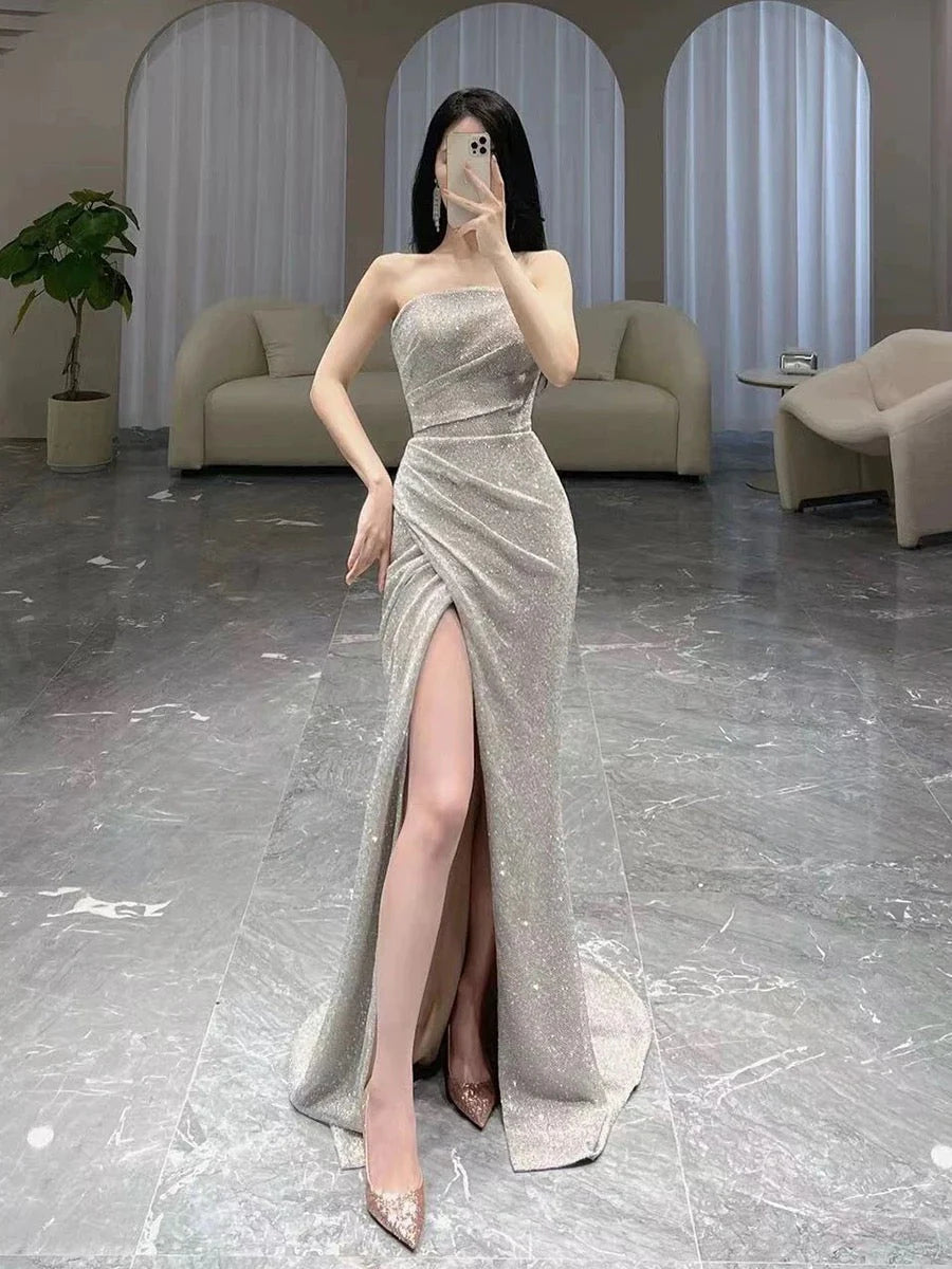 Classy Mermaid Strapless Sequin Evening Dress Long Prom Dresses simple gentle atmospheric and unique desi Bring summer colors to enhance whiteness