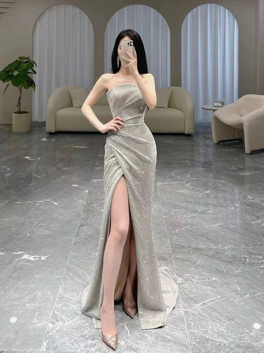 Classy Mermaid Strapless Sequin Evening Dress Long Prom Dresses simple gentle atmospheric and unique desi Bring summer colors to enhance whiteness