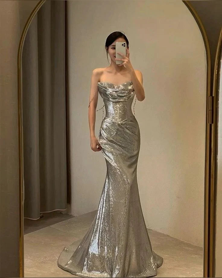 Classy Mermaid Strapless Silver Sequin Long Prom Gown Summer Wedding Guest Dress Bridal Guest Dresses Wedding Outfits For Guest simple gentle atmospheric and unique desi Bring summer colors to enhance whiteness