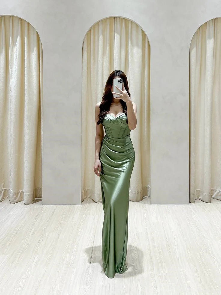 Classy Mermaid Sweetheart Green Satin Long Prom Dresses Formal Gown Summer Wedding Guest Dress Wedding Outfits For Guest  simple gentle atmospheric and unique desi Bring summer colors to enhance whiteness