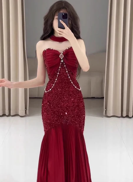 Classy Mermaid Sweetheart Red Sequin Long Prom Dresses Formal Gown Summer Wedding Guest Dresses Wedding Guest Outfit simple gentle atmospheric and unique desi Bring summer colors to enhance whiteness