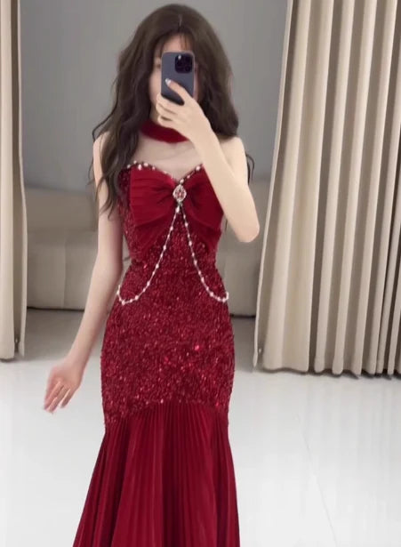 Classy Mermaid Sweetheart Red Sequin Long Prom Dresses Formal Gown Summer Wedding Guest Dresses Wedding Guest Outfit simple gentle atmospheric and unique desi Bring summer colors to enhance whiteness
