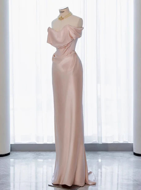 Classy Sheath Off The Shoulder Pink Satin Long Prom Dresses Formal Gown Summer Wedding Guest Dresses Wedding Guest Outfit  simple gentle atmospheric and unique desi Bring summer colors to enhance whiteness