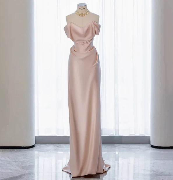 Classy Sheath Off The Shoulder Pink Satin Long Prom Dresses Formal Gown Summer Wedding Guest Dresses Wedding Guest Outfit  simple gentle atmospheric and unique desi Bring summer colors to enhance whiteness