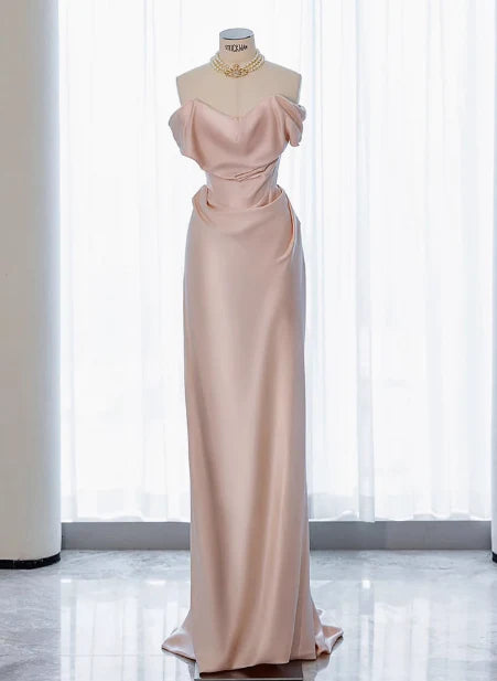 Classy Sheath Off The Shoulder Pink Satin Long Prom Dresses Formal Gown Summer Wedding Guest Dresses Wedding Guest Outfit  simple gentle atmospheric and unique desi Bring summer colors to enhance whiteness