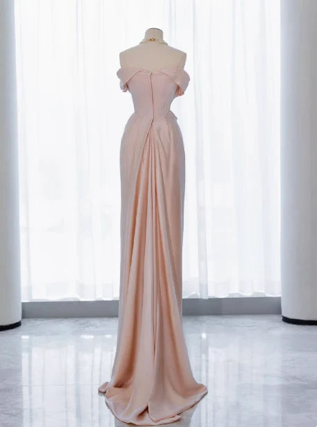 Classy Sheath Off The Shoulder Pink Satin Long Prom Dresses Formal Gown Summer Wedding Guest Dresses Wedding Guest Outfit  simple gentle atmospheric and unique desi Bring summer colors to enhance whiteness