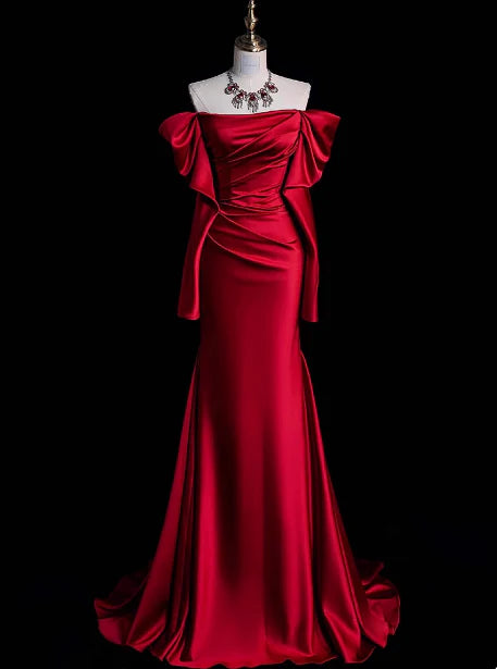 Classy Sheath Off The Shoulder Red Satin Long Prom Dresses Formal Gown Summer Wedding Guest Dresses Wedding Guest Outfit simple gentle atmospheric and unique desi Bring summer colors to enhance whiteness