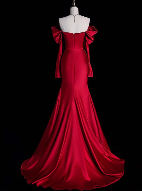 Classy Sheath Off The Shoulder Red Satin Long Prom Dresses Formal Gown Summer Wedding Guest Dresses Wedding Guest Outfit simple gentle atmospheric and unique desi Bring summer colors to enhance whiteness
