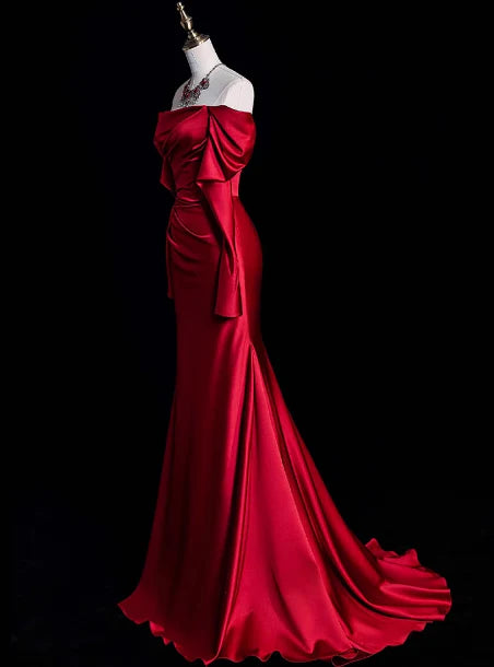 Classy Sheath Off The Shoulder Red Satin Long Prom Dresses Formal Gown Summer Wedding Guest Dresses Wedding Guest Outfit simple gentle atmospheric and unique desi Bring summer colors to enhance whiteness