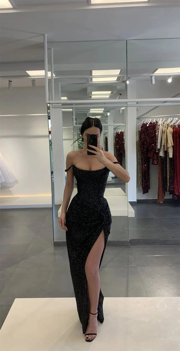 Classy Sheath Off The Shoulder Sequin Slit Prom Dresses Black Summer Wedding Guest Dresses Wedding Guest Outfits simple gentle atmospheric and unique desi Bring summer colors to enhance whiteness