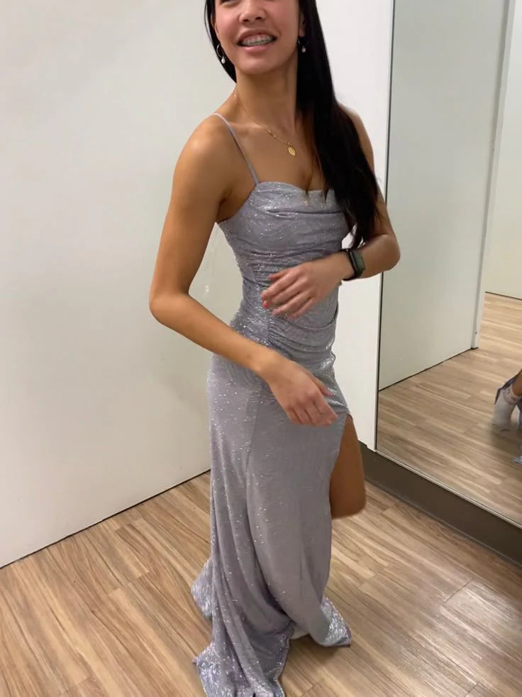 Classy Sheath Spaghetti Straps Lilac Sequin Slit Formal Long Prom Gown Summer Wedding Guest Dress Bridal Guest Dresses Wedding Outfits For Guest  simple gentle atmospheric and unique desi Bring summer colors to enhance whiteness