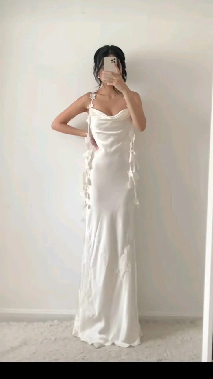 Classy Sheath Spaghetti Straps White Satin Formal Long Prom Gown Summer Wedding Guest Dress Bridal Guest Dresses Wedding Outfits For Guest simple gentle atmospheric and unique desi Bring summer colors to enhance whiteness