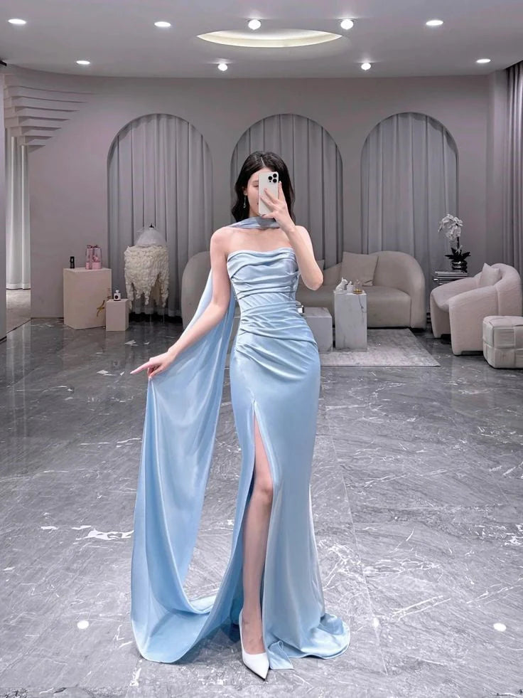Classy Sheath Strapless Light Sky Blue Slit Ruffles Long Prom Gown Summer Wedding Guest Dress Bridal Guest Dresses Wedding Outfits For Guest simple gentle atmospheric and unique desi Bring summer colors to enhance whiteness