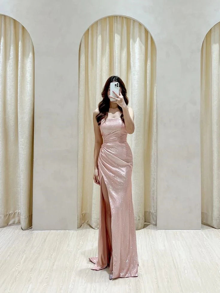 Classy Sheath Strapless Sequin Pink Slit Long Prom Gown Summer Wedding Guest Dress Bridal Guest Dresses Wedding Outfits For Guest  simple gentle atmospheric and unique desi Bring summer colors to enhance whiteness