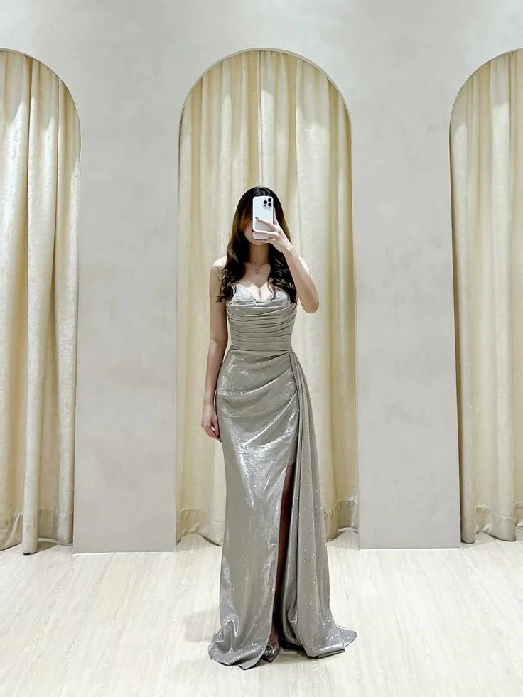 Classy Sheath Sweetheart Sequin Silver Slit Long Prom Gown Summer Wedding Guest Dress Bridal Guest Dresses Wedding Outfits For Guest   simple gentle atmospheric and unique desi Bring summer colors to enhance whiteness