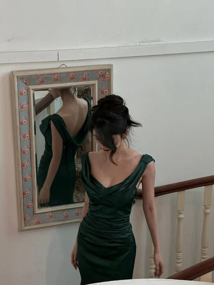 Classy Sheath V Neck Dark Green Satin Formal Long Prom Gown Summer Wedding Guest Dress Bridal Guest Dresses Wedding Outfits For Guest simple gentle atmospheric and unique desi Bring summer colors to enhance whiteness