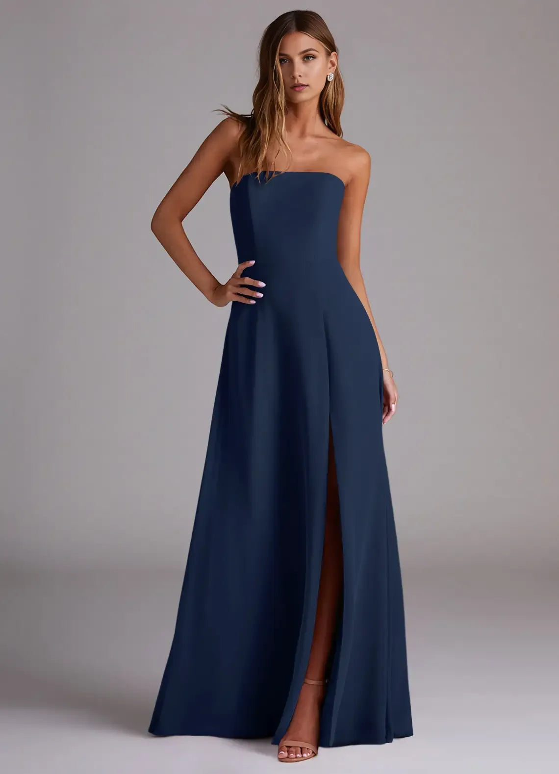 Clean A Line Strapless Sleeveless Open Back High Slit Floor Length Female Evening Dress