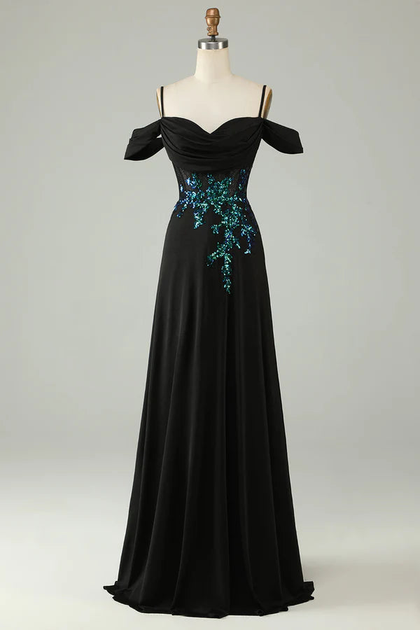 Cold Shoulder Black Sequins Corset Long Prom Dress Simple gentle atmospheric and unique design