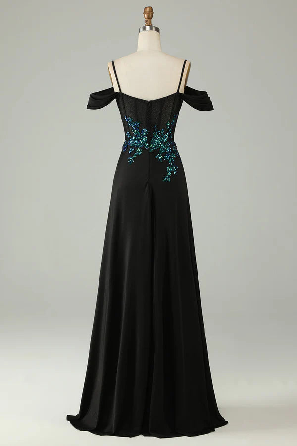 Cold Shoulder Black Sequins Corset Long Prom Dress Simple gentle atmospheric and unique design