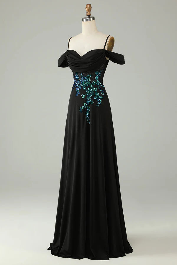 Cold Shoulder Black Sequins Corset Long Prom Dress Simple gentle atmospheric and unique design