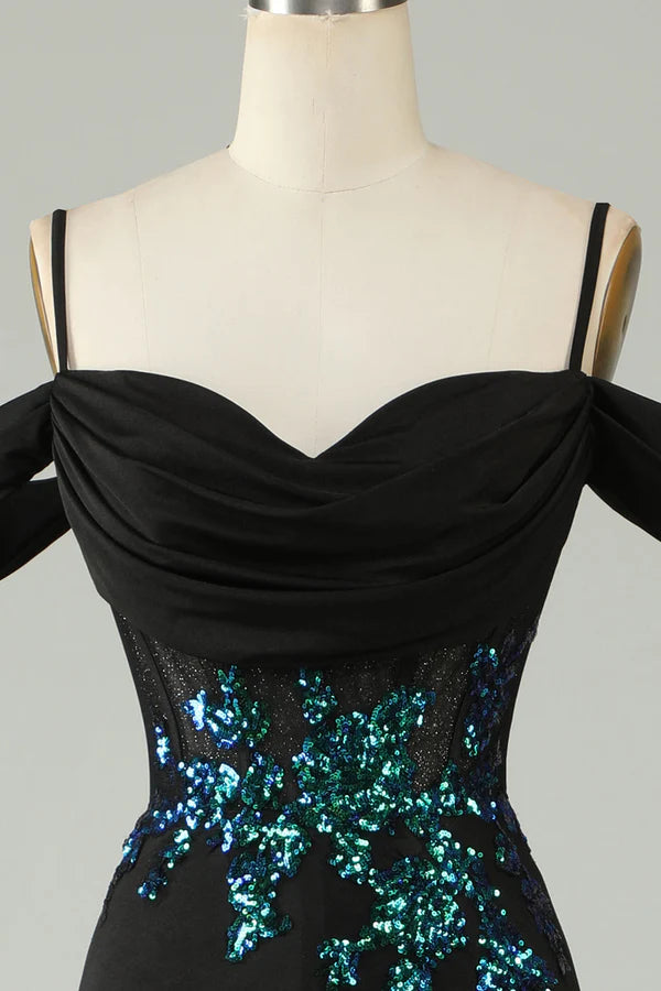 Cold Shoulder Black Sequins Corset Long Prom Dress Simple gentle atmospheric and unique design