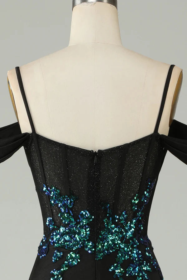 Cold Shoulder Black Sequins Corset Long Prom Dress Simple gentle atmospheric and unique design