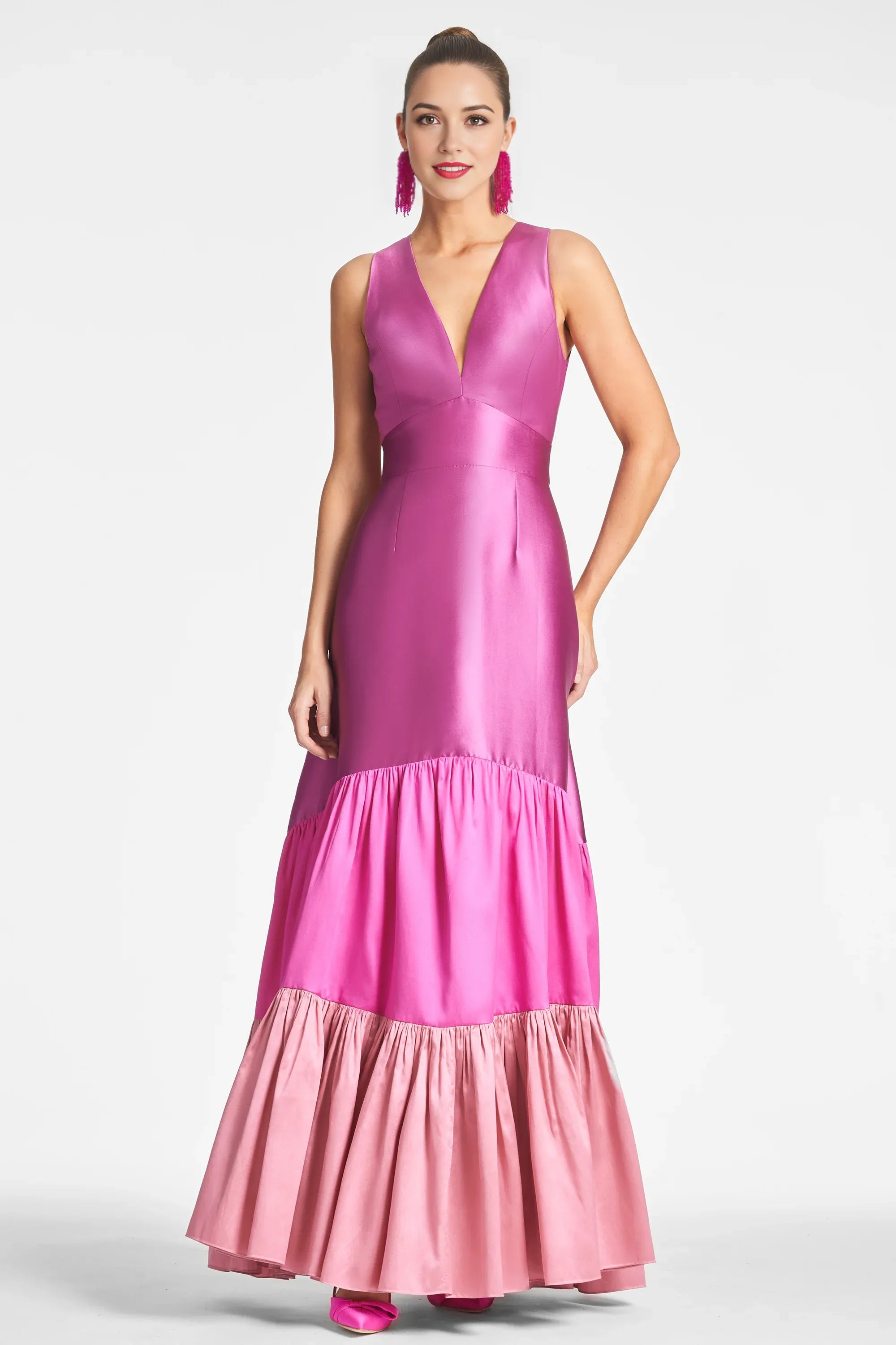 Color Blocked Tiered Mermaid V Neck Sleeveless Zipper Back Floor Length For Ladies Evening Dress
