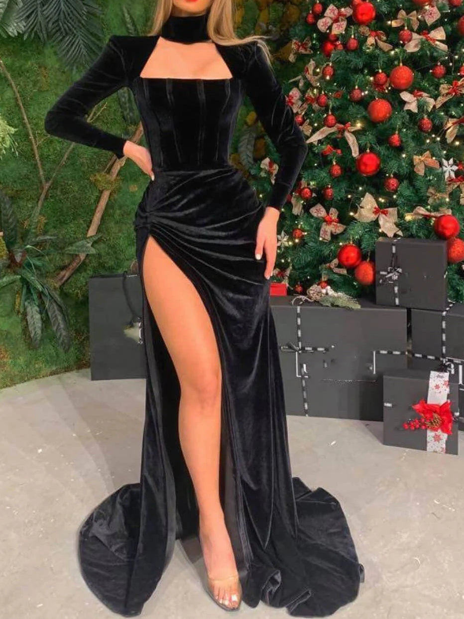 Column Long Sleeves Long Dresses with Split Side simple gentle atmospheric and unique desi Bring summer colors to enhance whiteness