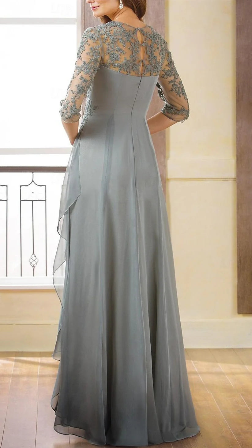 Column Mother of the Bride Dress t Floor Length Chiffon 34 Length Sleeve with Ruched Appliques simple gentle atmospheric and unique desi Bring summer colors to enhance whiteness