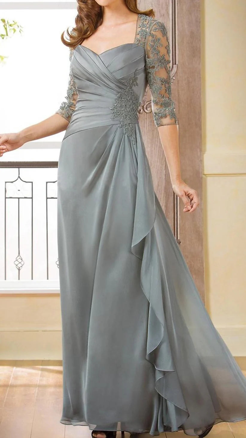 Column Mother of the Bride Dress t Floor Length Chiffon 34 Length Sleeve with Ruched Appliques simple gentle atmospheric and unique desi Bring summer colors to enhance whiteness
