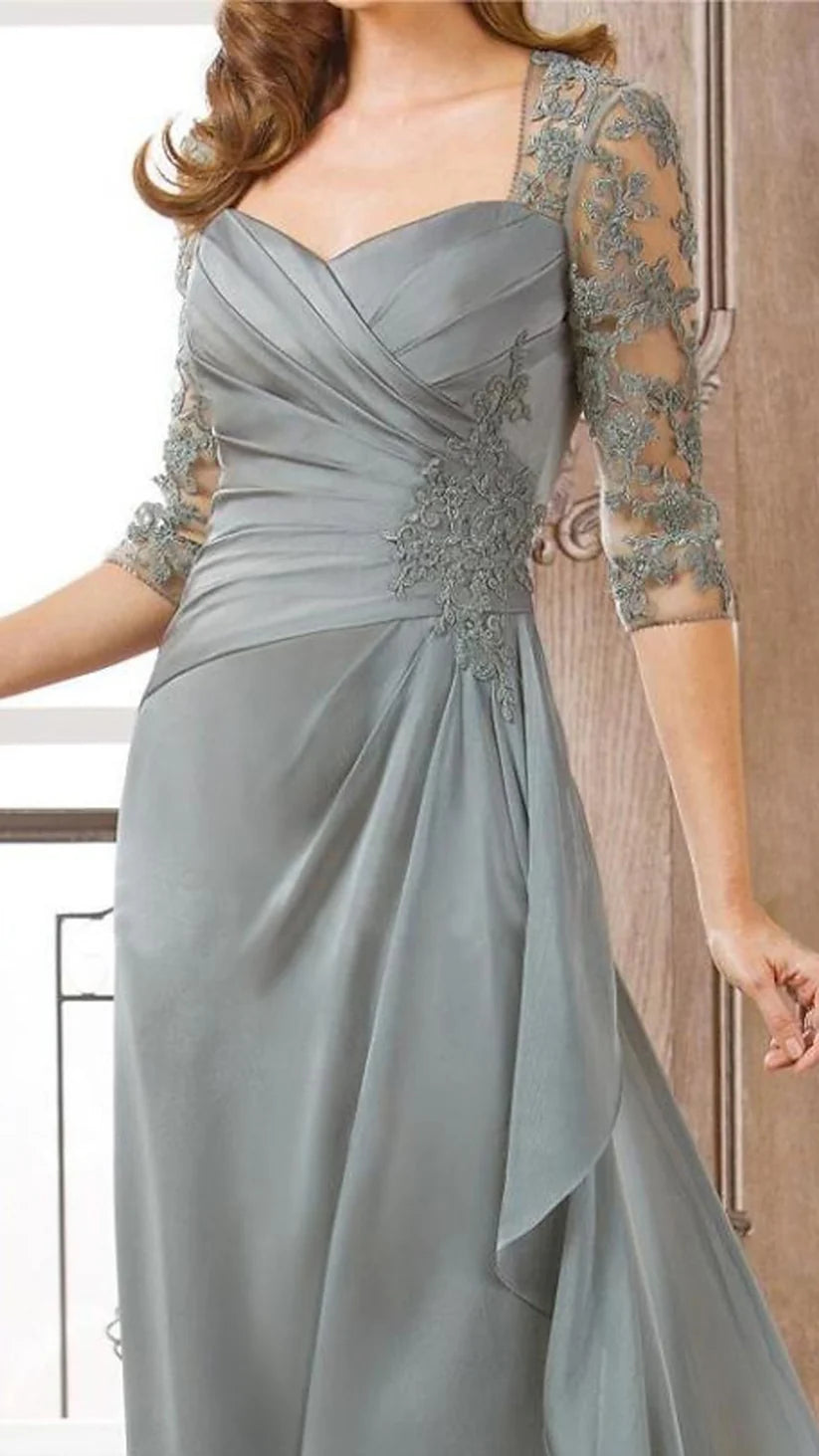 Column Mother of the Bride Dress t Floor Length Chiffon 34 Length Sleeve with Ruched Appliques simple gentle atmospheric and unique desi Bring summer colors to enhance whiteness