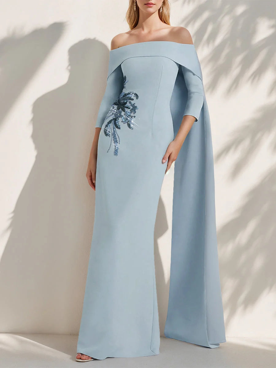 Column Off-the-Shoulder 3/4 Sleeves Floor-Length Evening Dresses with Appliques simple gentle atmospheric and unique desi Bring summer colors to enhance whiteness