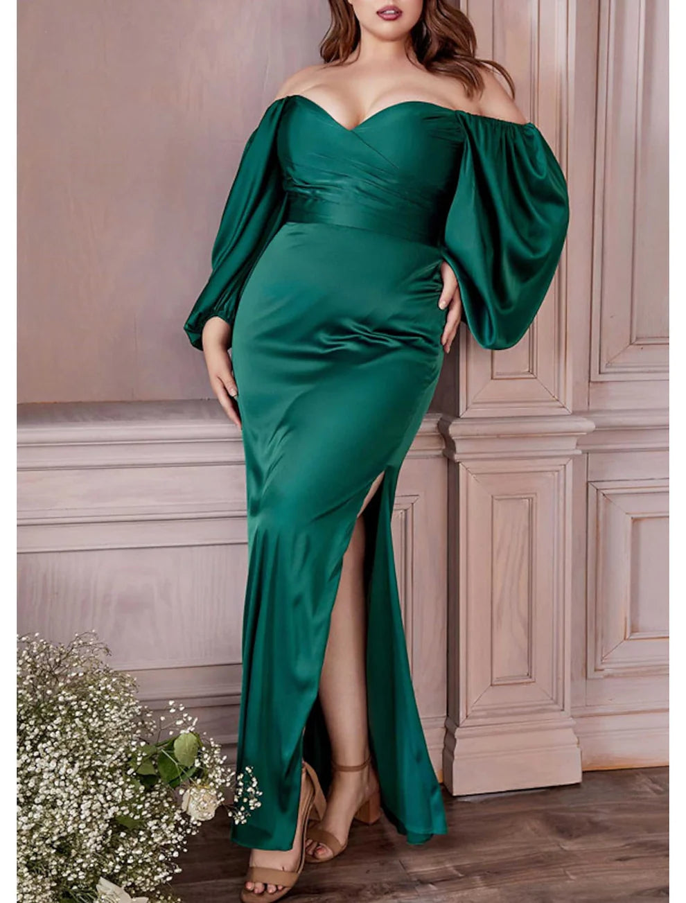 Column Off-the-Shoulder Floor-length Plus Size Prom Dresses simple gentle atmospheric and unique desi Bring summer colors to enhance whiteness